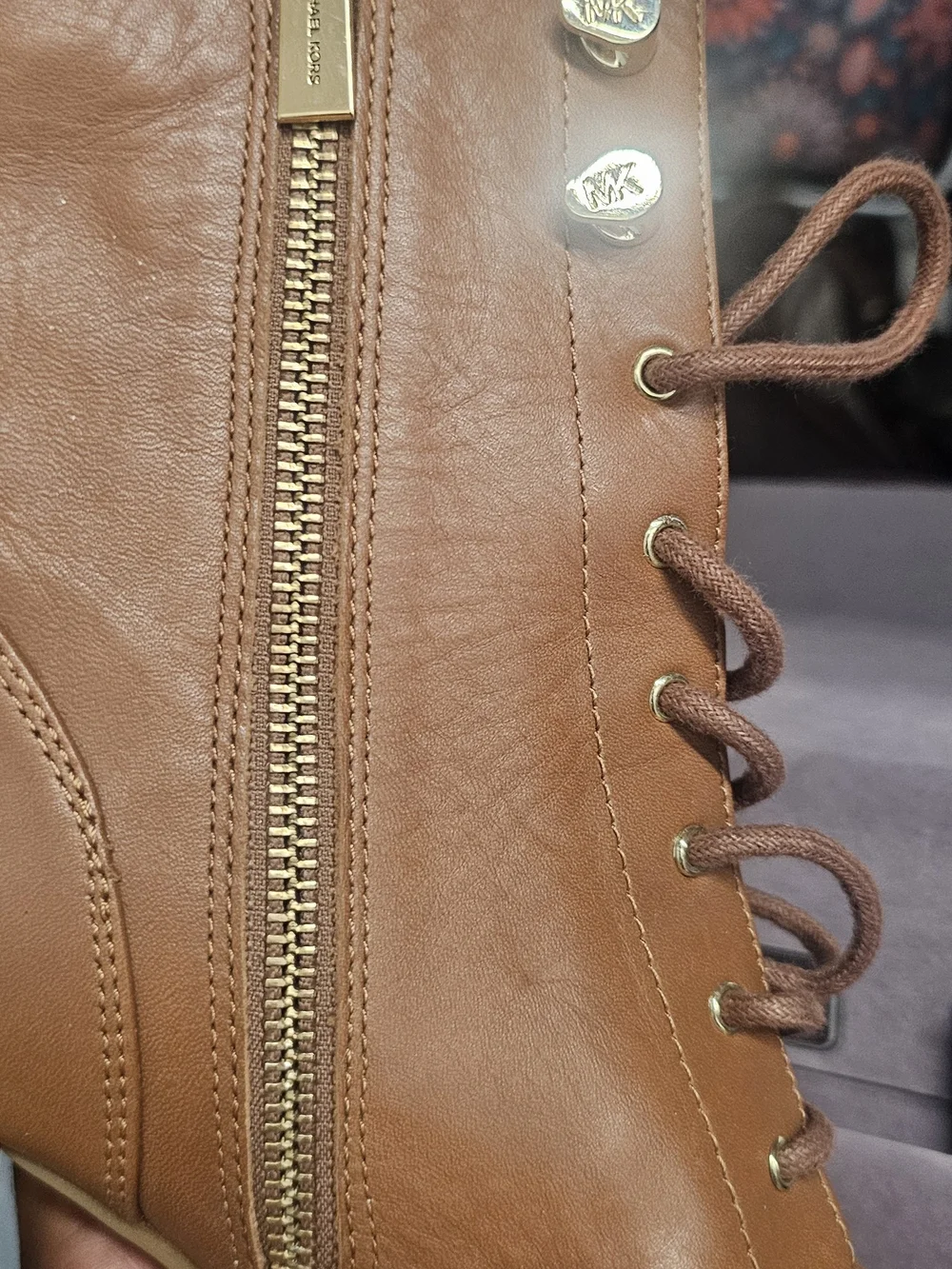 Michael Kors Brown Leather Lace-Up Boot with Gold Block Heel